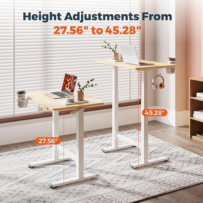Small Pneumatic Adjustable Stand Up Desk Rolling One-Piece Standing Desk 31.5 x 19.7 Inch Home Office Desk Computer Workstation Maple