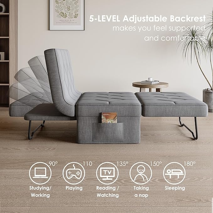 Convertible Sofa Bed with 5-Level Adjustable Backrest 70 D x 34 W 4-in-1 Folding Ottoman Sleeper Chair Bed Modern Single Futon Couch for Living Room Apartment Dorm Small Space Light Grey