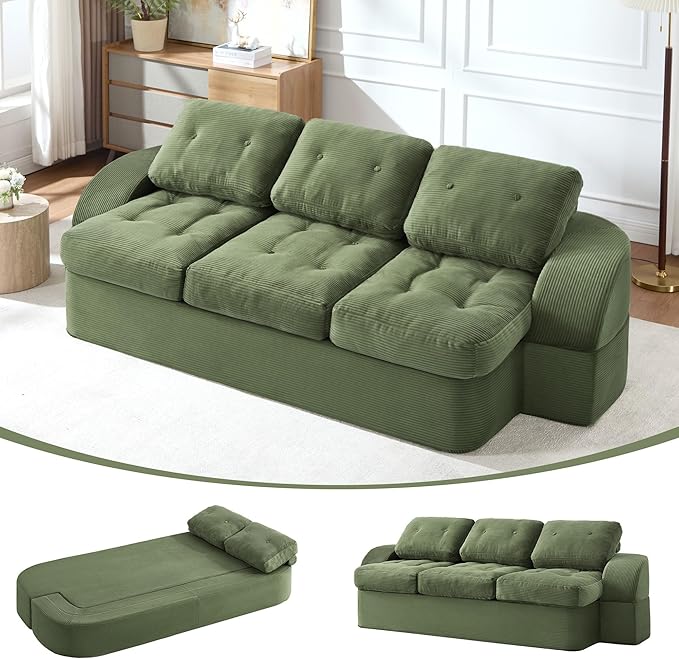 Convertible Sofa Bed3-Seater Boneless Couches for Living Room 2 in 1 Folding CouchFold Out Floor Couch with PillowsCloud Floor LoveseatFloor Futon Sleeper for Living Room Bedroom LoungeGreen