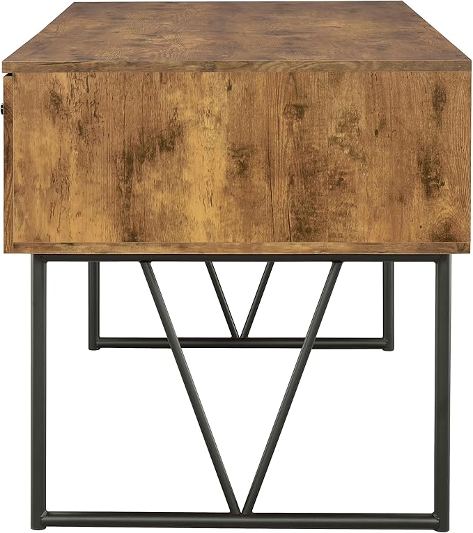 BOWERY HILL Farmhouse Wood Writing Desk 63 W Antique Nutmeg Finish Black Metal Base 4 Drawers with Full Extension Glides Rustic Industrial Office Desk for Home Workspace or Study