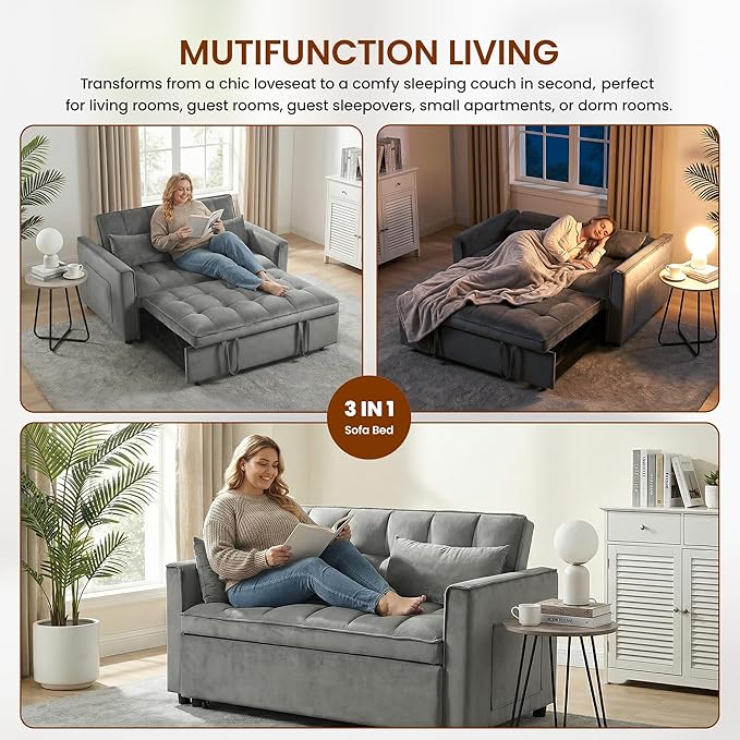 Convertible Sofa Bed 3 in 1 Pull Out Loveseat Sleeper Couch with Adjustable Backrest Side Pocket Two Pillows for Apartment Dorm Room Bedroom and Small Space | Velvet Fabric