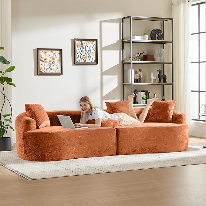 Curved Sectional Couch 110 Chenille Cloud Sofa with 4 Pillows 4-Seater Sleeper Sofa for Living Room Apartment Full Compression Sponge (Orange 110 Inch)