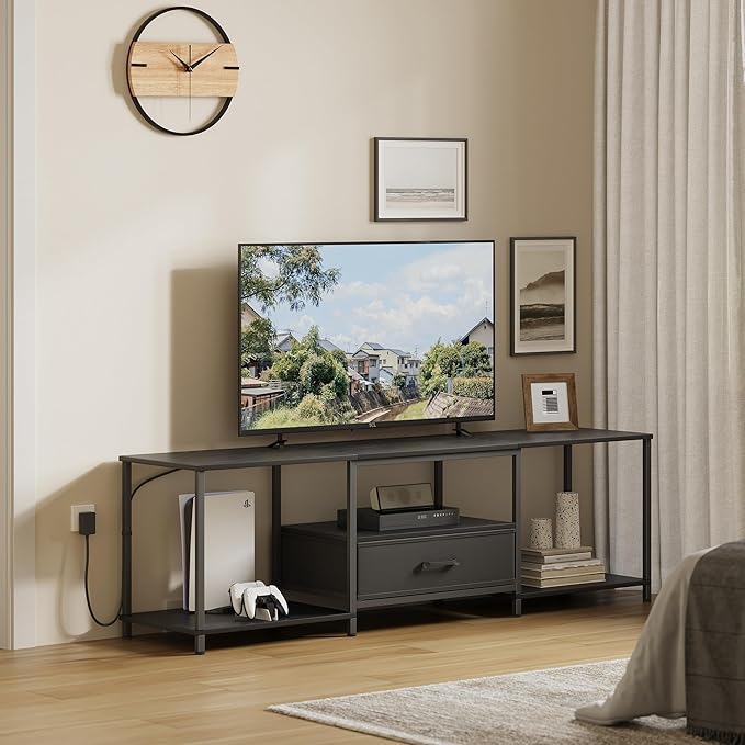 TV Stand with LED Lights Entertainment Center with Open Shelves and Fabric Drawer Media Console for 80 Inch TV Television Stands for Living Room Bedroom Black