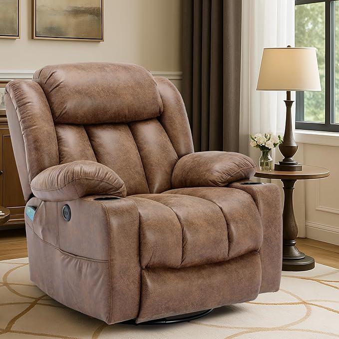 VIVIJASON Swivel Rocker Recliner Chair with Heat &amp Vibration Manual 360° Swivel Glider Overstuffed Reclining Chair with 2 Cup Holders Side Pockets &amp USB Ports for Living Room Brown