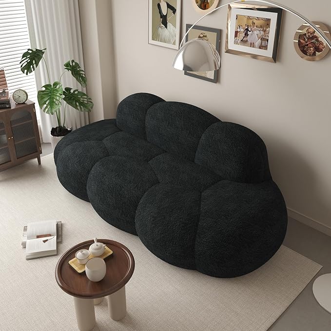 Cloud Shaped Floor Couches for Living Room 90 Curved Boucle Sofa Comfy Compressed Couch Deep Seat Loveseat Sofa for Bedroom Apartment Small Space (Black No Installation)