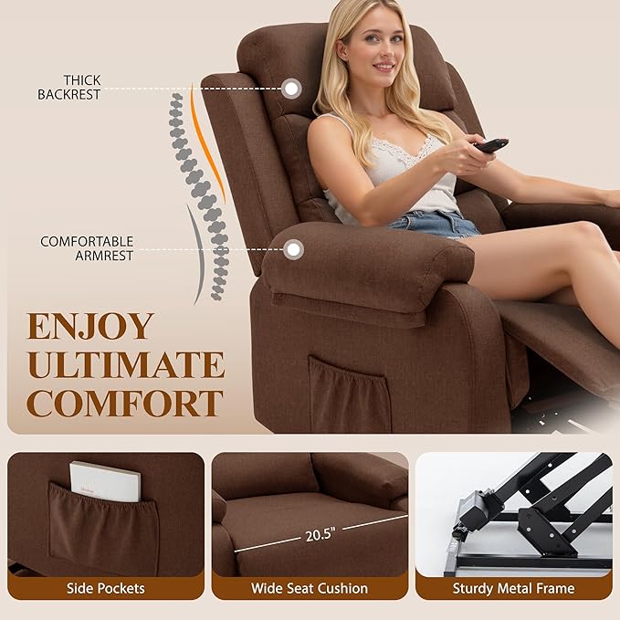 Recliner Lift Chair Small Power Chair for Elderly &amp Adults Electric Lift Recliners with Side Pockets for Bedroom Living Room Recliner Saves Your Favorite Positions Brown