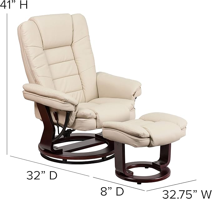 Flash Furniture Bali Contemporary Multi-Position LeatherSoft Recliner Chair with Ottoman 360-Degree Swivel Recliner Chair/Ottoman Set Beige