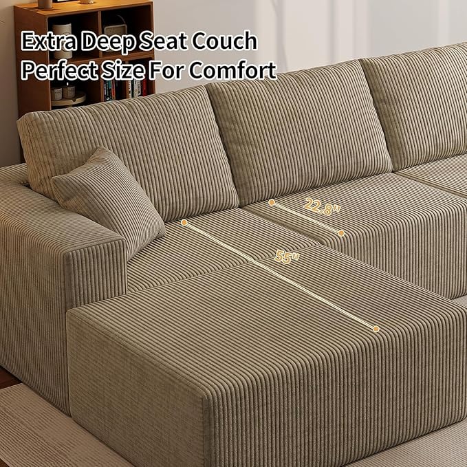 Boneless Cloud Sectional Couch for Living Room Compressed Modular L-Shaped Sofa with Deep Seat Frameless Corduroy Couch in Boxes No Assembly Required Grey Middle