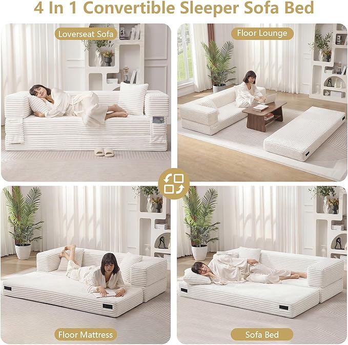 GNIXUU 78.7 Boneless Convertible Sleeper Sofa Bed 4-in-1 Folding Corduroy Futon Couch Bed Oversized Loveseat Modular Floor Mattress Couch for Living Room Bedroom Lounge No Assembly Beige