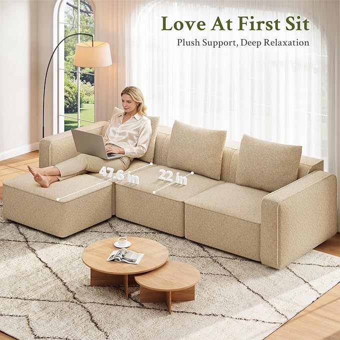 103 Sectional Couch Locked-in Modular Sectional Sofa Wood Frame Couches for Living Room 22 Deep Seat L Shaped Couch with Ottoman Chenille Cloud Sofa Tool-Free Setup Sofas for Living Room
