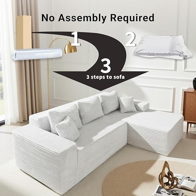 Claiks 95 Boneless Couch Cloud Couch Sectional L-Shape Corduroy Modular Sectional Sofa Deep Seat Upholstered Couches for Living Room No Assembly Required Light Gray Right Facing Chaise
