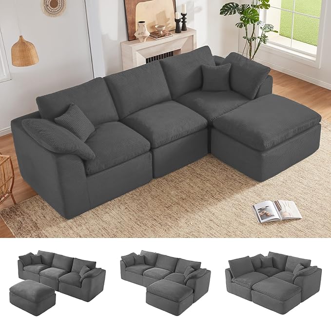 112 Cloud Sectional Couch Boneless Couches for Living Room L Shaped Couch with Convertible Ottoman Modular Sectional Sofa with Deep Seat Comfy Soft Cushions No Assembly Darkgray