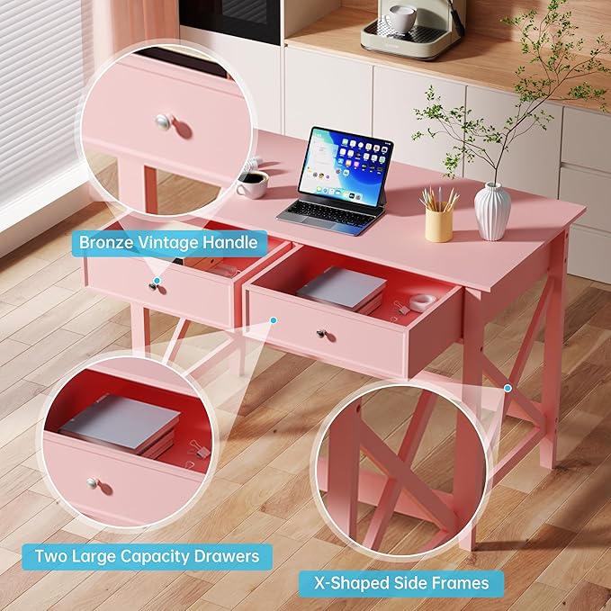 Writing Computer Desk with Drawers Cute Modern Table for Bedrooms Pink Vanity Table Office Desk with Drawers Home Computer Desk for Girls Living Room Entryway Pink