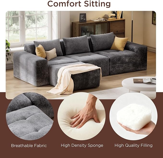 Maupvit 108 Modular Sectional Sofa Modern Cloud Couch L-Shaped Convertible Sleeper Sofa Bed with Movable Ottoman Deep Seat Boneless Comfy 3 Seater Couches for Living Room Grey | Breathable materia
