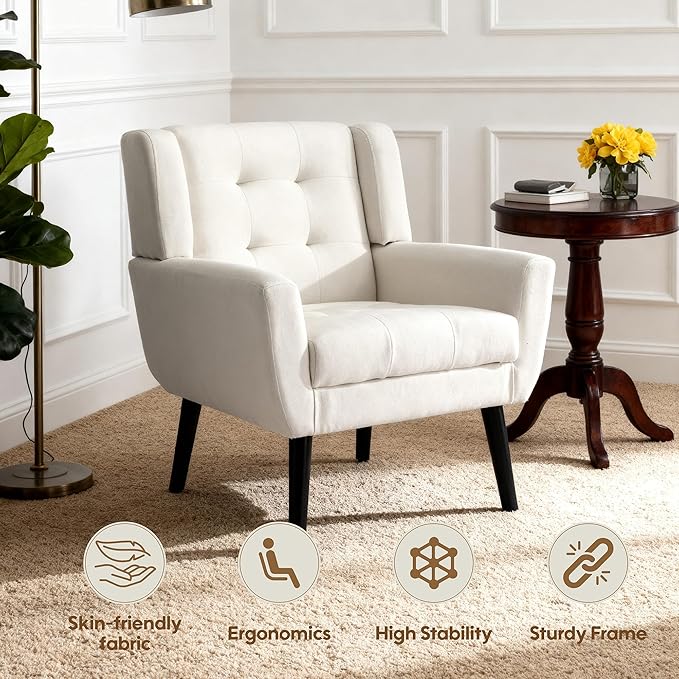 Set of 2 Linen Accent Chair Mid-Century Modern Tufted Armchair for Living Room Bedroom &amp Office (Beige)