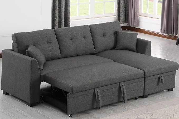 83 L-Shaped Sleeper Sectional Sofa with Storage Chaise &amp Cup Holders – Pull-Out Convertible Bed 3-in-1 Space-Saving Design for Apartments Modern Linen Fabric Easy Assembly