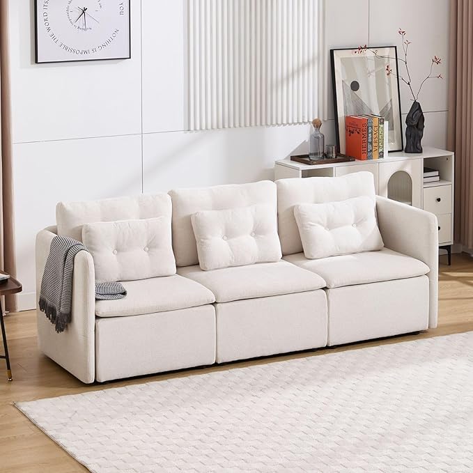 LukeAlon U Shaped 3 Seater Modular Sectional Sofa Couch with Waist Pillow Modern Chenille Sofa Set with Two Ottoman 82.5 Comfy Upholstered Lounge Sleeper Sofa Couch for Living Room Apartment Beige