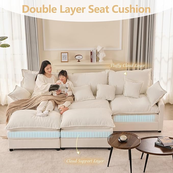 108 U Shaped Couch Modular Sectional Sofa 3-Seater Comfy Cloud Couch Set of Modular Pieces with Movable Ottoman Deep Seat Couches for Living Room Chenille Ivory