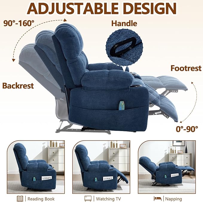 Massage Recliner Chair with Heat Blue Recliner Chair with Cup Holder for Adults Manual Reclining Chairs Large &amp Oversized Recliners for Living Room Fabric Heavy Duty (Blue)