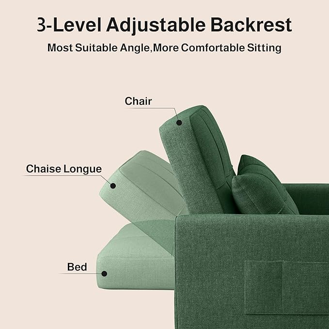 Ahomly Convertible Sleeper Chair Sofa Bed with 3-in-1 Design Adjustable Backrest and Storage Pocket for Living Room Green
