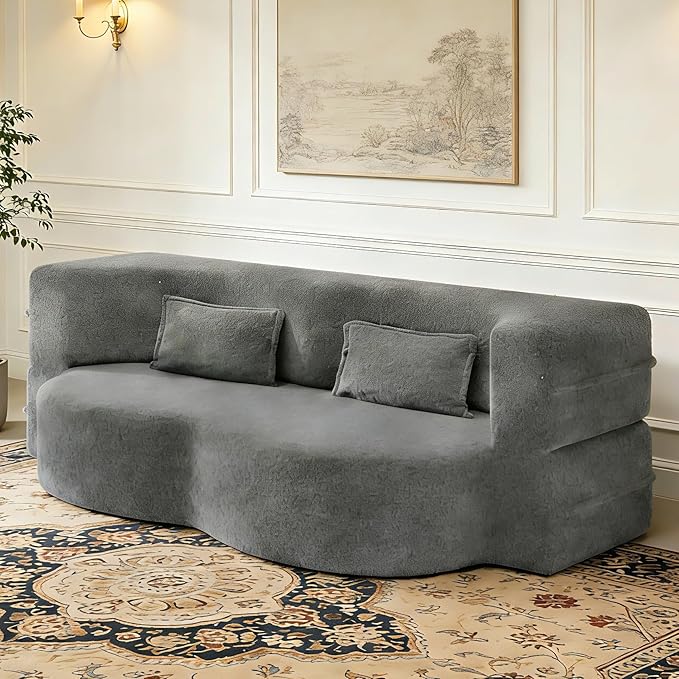 2 in 1 Convertible Compressed Sofa Bed 49'' Modern Boneless Single Sleeper in a Box Floor Mattress Futon Loveseat Couch No Assembly Needed Space Saving Dark Grey 2 Pillows Twin for Home