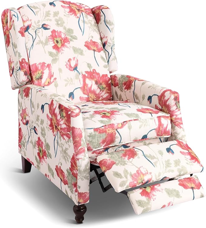 Upholstered Wingback Recliner Chair Traditional Push Back Recliner Chair with Padded Seat Fabric Floral Chair Wingback Recliner with Wooden Legs Small Recliners for Small Spaces