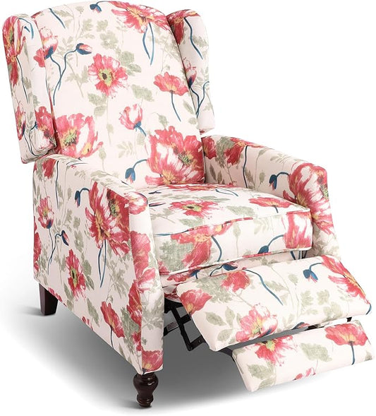 Upholstered Wingback Recliner Chair Traditional Push Back Recliner Chair with Padded Seat Fabric Floral Chair Wingback Recliner with Wooden Legs Small Recliners for Small Spaces