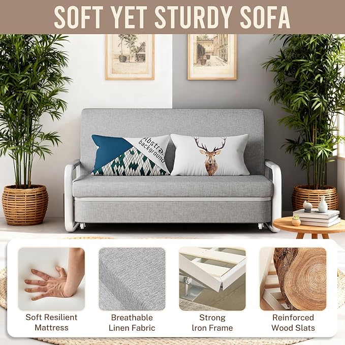 62 Pull Out Sofa Bed 3 in 1 Convertible Sleeper Sofa Full Size Loveseat Couch Bed with Storage Trundle and 2 Pillows for Living Room Bedroom Dorm Office RV (Stone Gray-809)