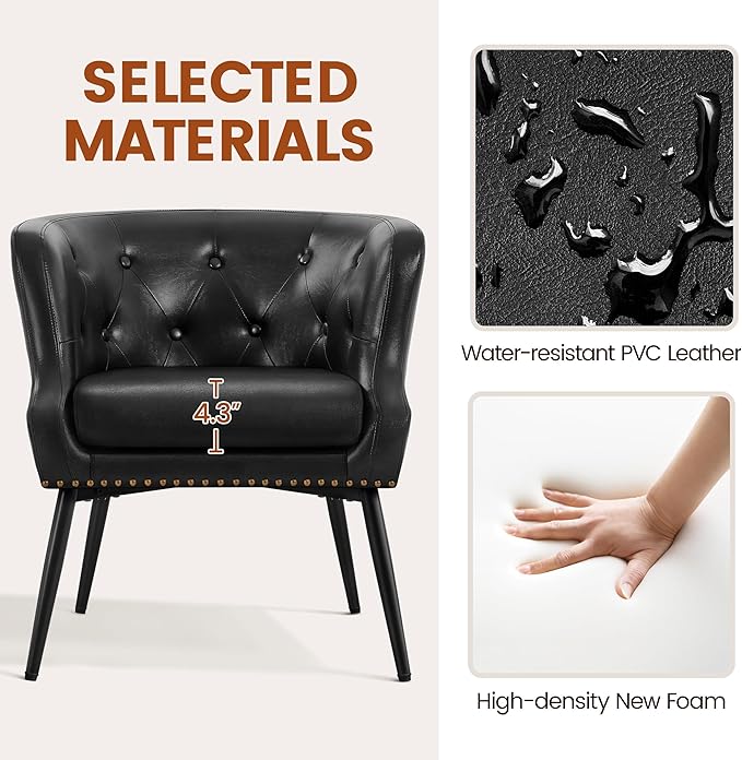Yaheetech Modern Accent Chair Faux Leather Retro Armchair Upholstered Barrel Chair with Metal Leg and Comfy Seat Cushion for Living Room Bedroom Black Set of 2