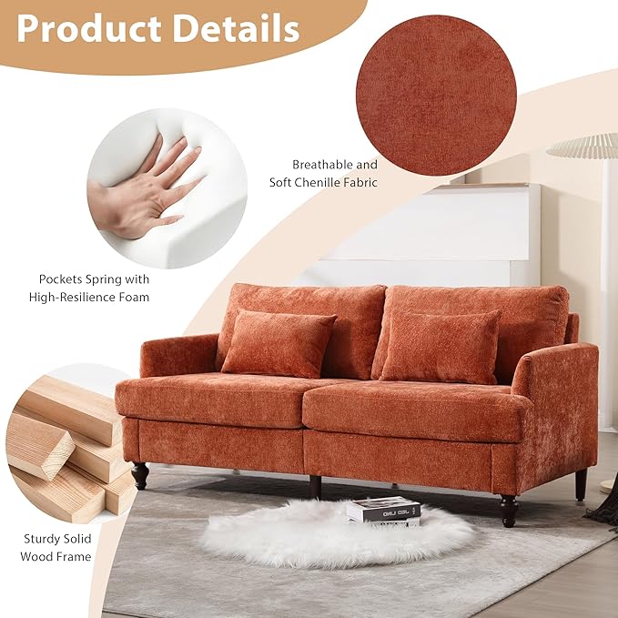 69” Modern Chenille Loveseat Sofa Couch Upholstered 2 Seat Love Seat Deep Seat Small Couch with 2 Pillows and Sturdy Wood Legs for Living Room Bedroom Apartment (Orange)