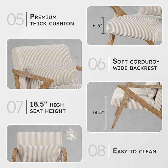 Lexicon Mid Century Modern Accent-Chair with Lumbar Pillow Brown Solid Wood Frame Comfy Corduroy Upholstered Lounge Arm Chair for Living Room/Bedroom/Office/Reading Nook Assembly Required Beige