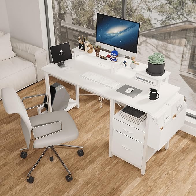 Modern 47 Home Office Writing Desk with Power Outlet &amp 2 Drawers Gaming Desk w/ 2 Monitor Stands &amp Side Pocket for Office Crowd &amp Gaming Crowd (White)