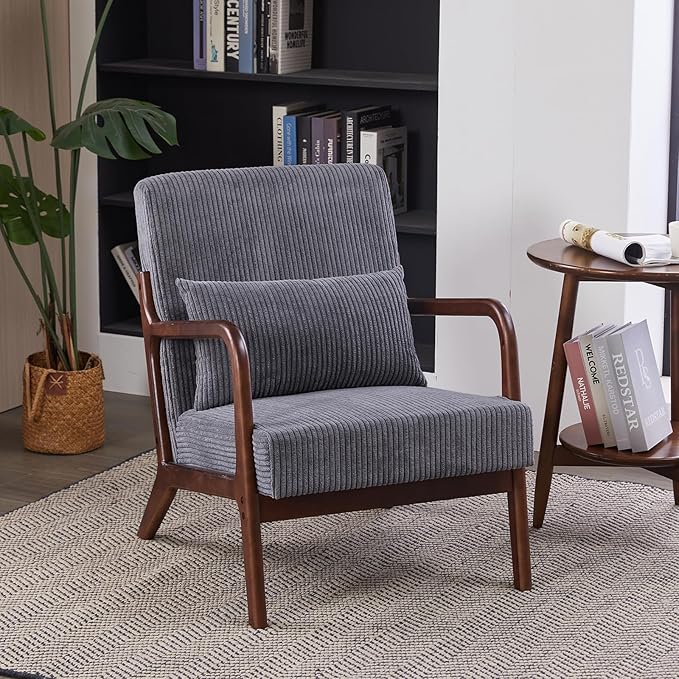 JOYBASE Mid Century Modern Accent Chair Lounge Reading Armchair with Wood Frame for Living Room Office Bedroom (Polyester Fabric Antique Grey)