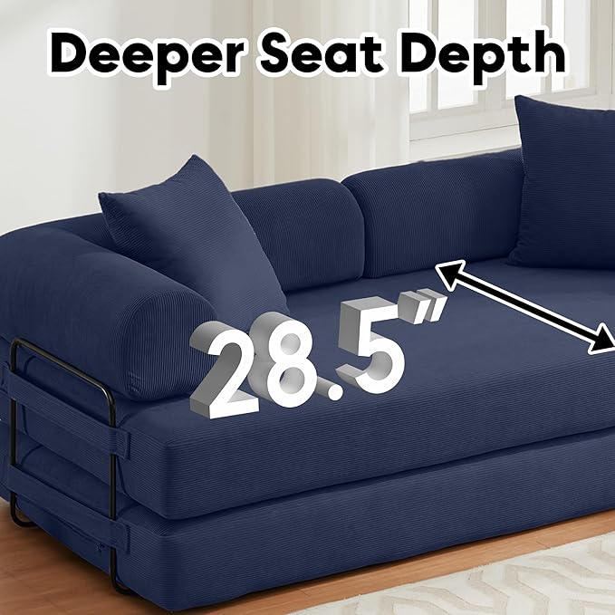 Convertible Sleeper Sofa Bed with Cylindrical Pillow Corduroy Folding Boneless Couch with Fixed-Shape Frame Floor Sofa Lounge Couch for Living Room Bedroom Lounge Studio-Blue