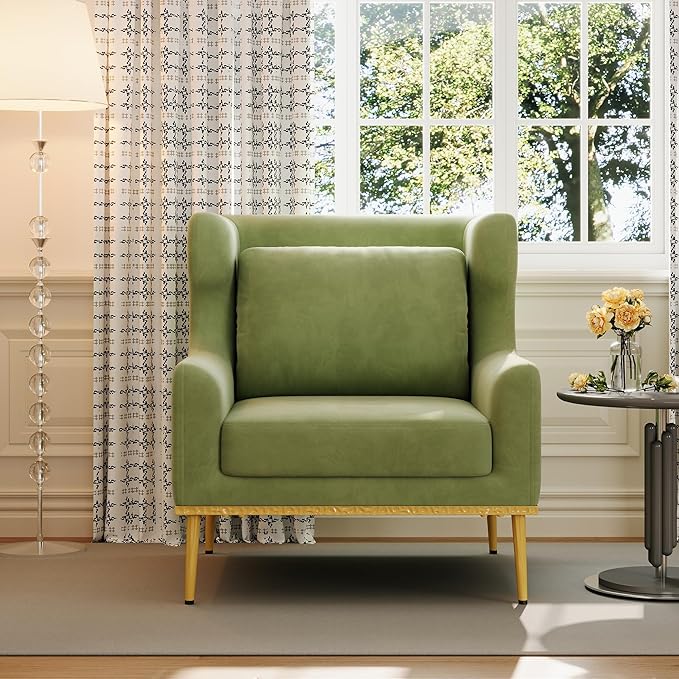 Merax Luxury Velvet Accent Chair Modern Mid-Century Armchair for Living Room Bedroom Reading Corner Comfortable Tufted Single Seater Sofa Chair with Iron Legs (Green)