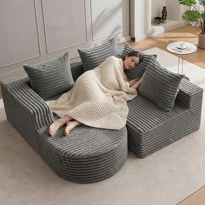 Boneless Cloud Couch Modular Sectional Sofa L-Shape with Chaise 102 Soft Faux Fur Deep Seat &amp 3 Pillows &amp 2 Side Pockets for Living Room Bedroom (Gray Left Chaise)