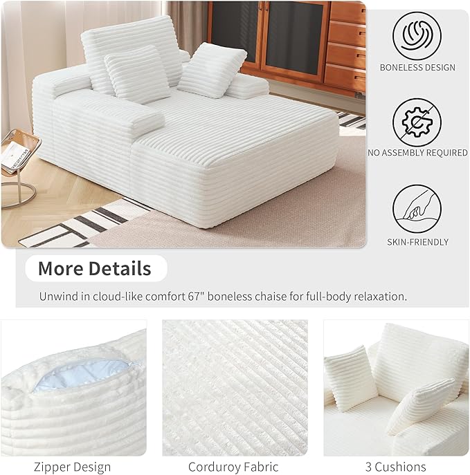 WJShome Oversized Chaise Lounge Chair Indoor Plush Corduroy Boneless Sofa Bed Cloud Reading Chair with Throw Pillow for Living Room (White)