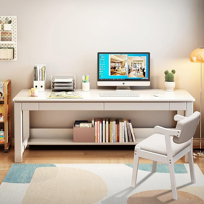 63’’ Extra Long Desk Wooden Computer Desk with 2 Drawers and Storage Bookshelf Writing Table for Office with Chair (White)