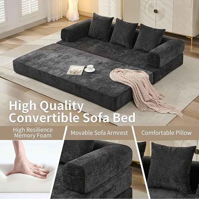 Convertible Sofa Bed 4-in-1 Floor Foldable Couch Bed with Armrests &amp Pillow Chenille Fabric No Assembly Required Comfy Memory Foam Couch Lounge Sofa for Living Room Black