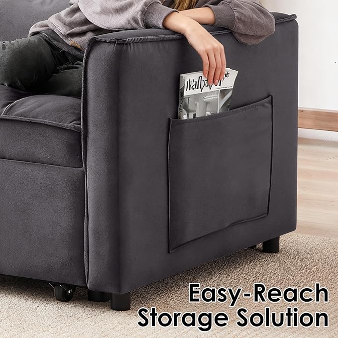 Dreamzie 3 in 1 Convertible Sleeper Sofa Bed Pull Out Couch for Living Room with Side Pocket Loveseat Sleeper with Adjustable Backrest (Fabric Dark Grey)