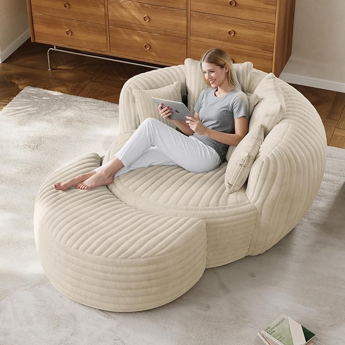 50 Oversized Chaise Lounge Indoor Round Reading Chair Lounge Chair with Ottoman Boneless Sofa Bed Large Fluffy Plush Corduroy Chaise Chair for Living Room Playroom Bedroom Beige White