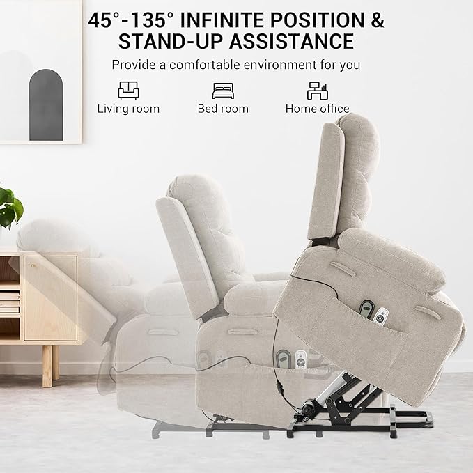 GAOMON Power Lift Recliner Chair for Elderly Oversize Electric Lift Recliner with Massage and Heat Single Sofa Seat with Cup Holders and Side Pocket for Living Room Beige