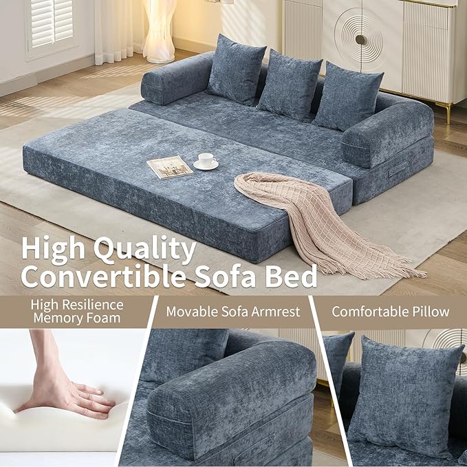 Convertible Sofa Bed 4-in-1 Floor Foldable Couch Bed with Armrests &amp Pillow Chenille Fabric No Assembly Required Comfy Memory Foam Couch Lounge Sofa for Living Room Light Blue