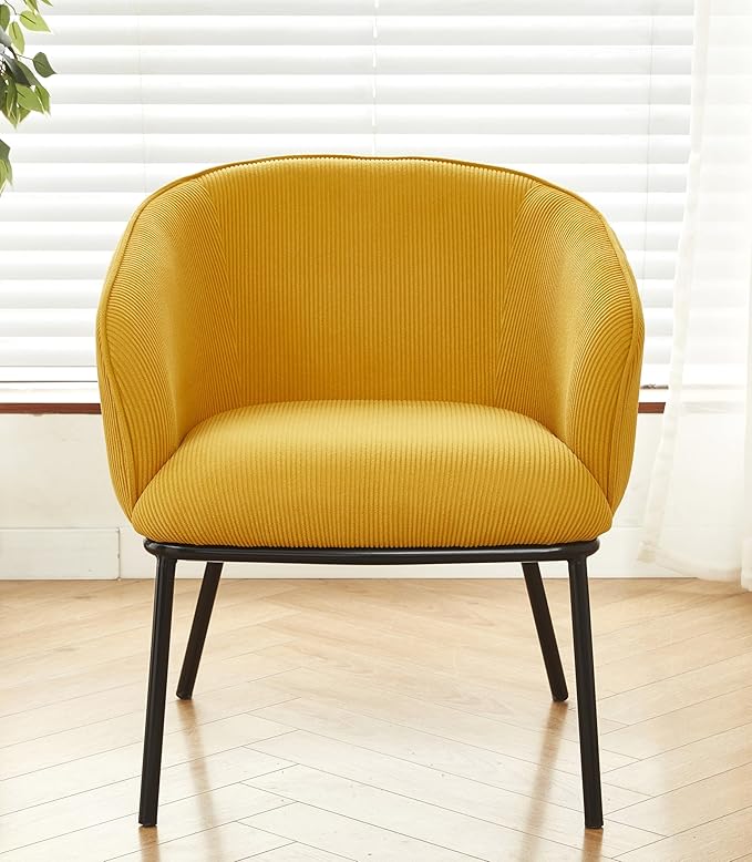 Modern Corduroy Accent Chair with Channel Back Design Black Metal Legs and Soft Upholstery Comfortable Seating for Living Room Bedroom or Office Yellow