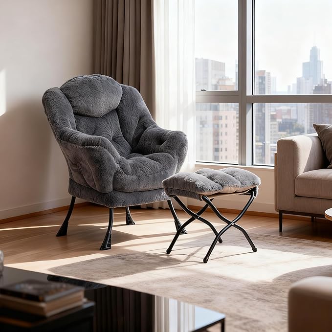 HollyHOME Lazy Chair with Foldable Ottoman Accent Comfy Lounge Armchair and Folding Footrest Stool Leisure Sofa Reading Chair and Footstool for Living Room Bedroom DormFaux Fur Navy Blue