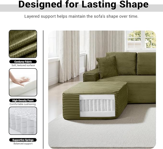 150 Inch Modular Sectional Sofa Couch Oversized Modern Cloud Couch for Living Room U Shape Couches with 2 Ottomans USB Ports and Cup Holders Green Corduroy Boneless Sofas Sofa in a Box