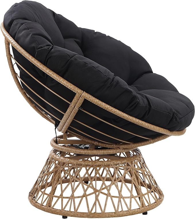 OSP Home Furnishings Wicker Papasan Chair with 360-Degree Swivel Natural Frame with Black Cushion