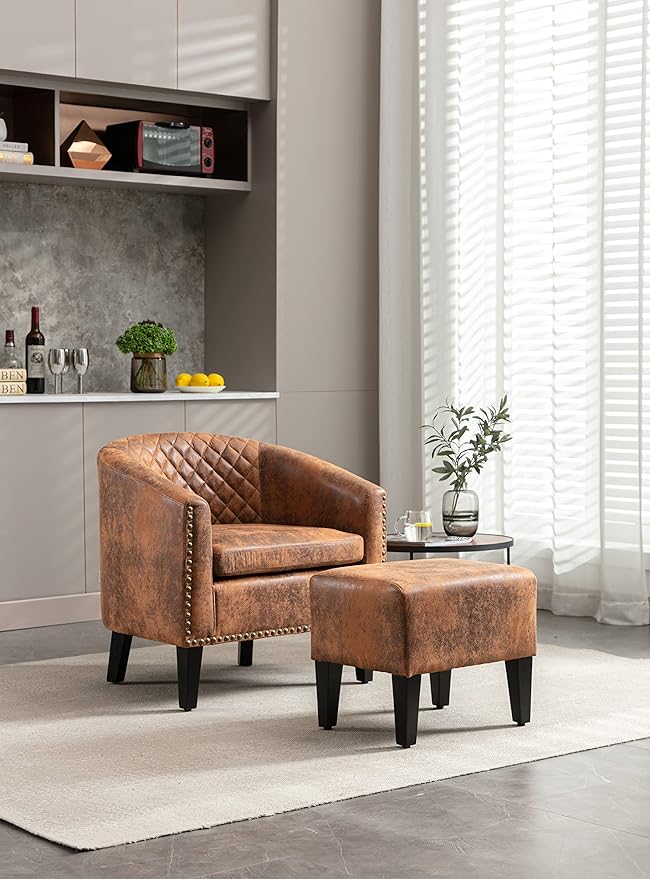 Accent Chair with Ottoman Mid Century Modern Barrel Chair Upholstered Club Tub Round Arms Chair for Living Room