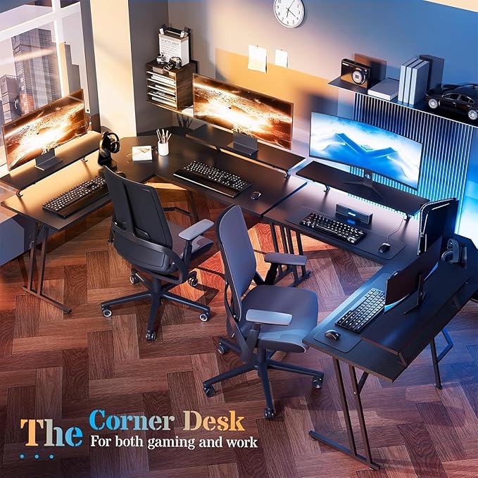 HLDIRECT 51 Inch L Shaped Gaming Desk with Monitor Stand and LED Lights Corner Computer Desk with Carbon Fiber Surface PC Gaming Table for Home Office Writing Workstation Easy to Install Black