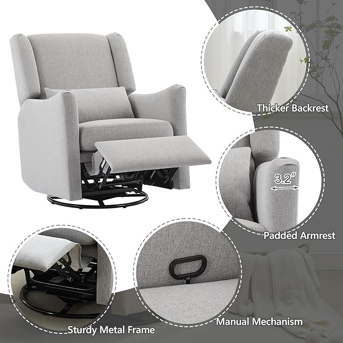 Lazy Boy Glider Recliner Nursery Chair with Wingback Swivel Rocker for Small Spaces Thick Cushion Linen (Grey 1)